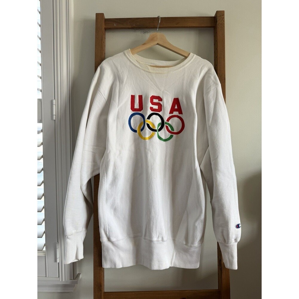 Vintage Champion Reverse Weave Sweatshirt Mens 2XL White USA Olympic Sport 90s